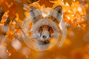 Enchanting red fox amid autumn leaves photorealistic capture of vibrant fur in dappled sunlight