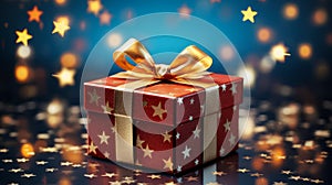 Enchanting Red Gift Box with Golden Ribbon and Bow Amidst a Magical Blue Background with Glittering Stars and Soft Bokeh Lights