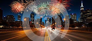 Enchanting retro futuristic metropolis with neon lights, skyscrapers, hovercars, and fireworks photo