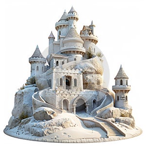 Enchanting Sandcastle Sculpture on a Beach Displaying Majestic Towers and Staircases photo