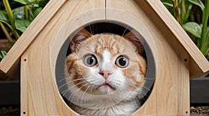 Enchanting Scene: A Fluffy Orange Kitten Curiously Gazes by the Window photo