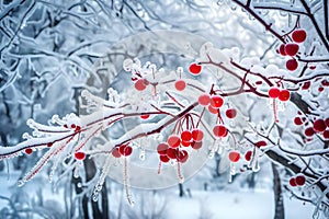 An enchanting scene of frozen nature, red berries encased in ice, delicate ice crystals forming intricate patterns on the branches