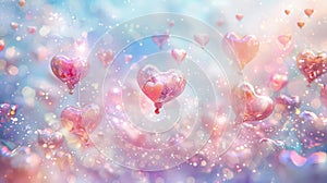 An enchanting scene of jubilation, hearts floating amidst a cascade of soft, pastel colors photo