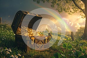 An enchanting scene with a treasure box overflowing with riches as a rainbow illuminates the landscape signaling fortune