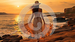 beautiful and attractive woman walking along the shoreline on the beach wearing a summer dress dance with sea breeze at sunset