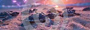 Enchanting sea turtle hatchlings moonlit journey in vibrant pastels with an ultra wide angle view