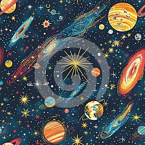 Enchanting Seamless Cosmic Pattern with Hand-Drawn Planets and Stars for Stellar Design Projects and Apparel photo