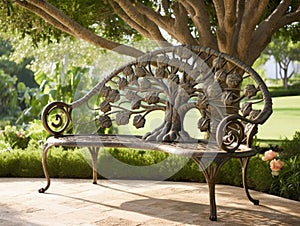 Enchanting Serenity: A Rustic Tree Bench in a Blooming Garden Oasis