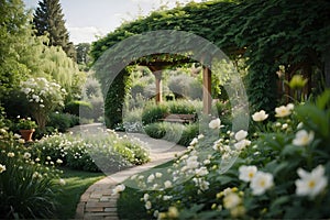 Enchanting Serenity, A Timeless Garden Oasis Awash With Blooming White Blossoms and an Inviting Bench