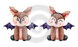 Enchanting set of two reindeer sitting with purple bat wings and deathly horns