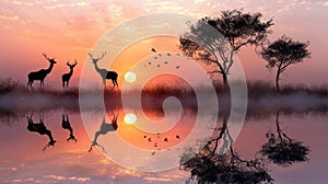 An enchanting silhouette of African wildlife mirrored in tranquil waters, capturing the essence of the safari experience