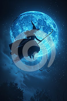 Enchanting Silhouette of a Witch on Broom Against Full Moon Night Sky Background