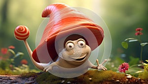 Enchanting Snail Character with Mushroom Hat - Generative Ai