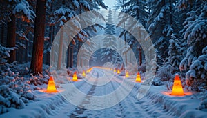 Enchanting Snow-Covered Forest Path with Illuminated Cones