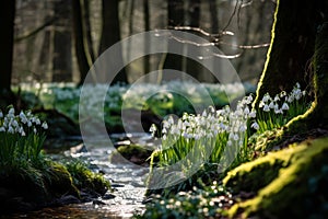Enchanting Snowdrops forest violet blossom. Generate Ai