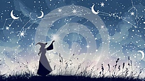 Enchanting Sorceress Conjuring Magic Under Starry Night Sky photo
