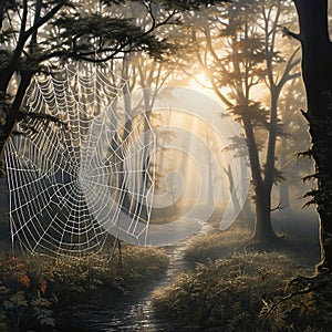 Enchanting spiderwebs adorned with morning dew in a natural setting