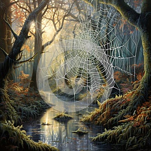 Enchanting spiderwebs adorned with morning dew in a natural setting