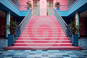 Enchanting Spiral stairs pink sky. Generate Ai