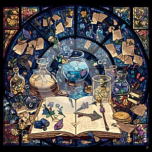 Enchanting Stained Glass Wizard\'s Study Illustration