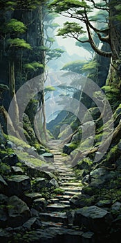 Enchanting Stone Path In A Mystical Forest - Mori Kei Fantasy Art