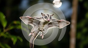 Enchanting sugar glider soars amidst a twilight forest canopy with unique wing position