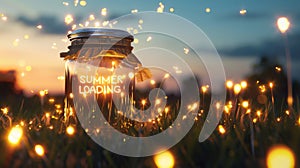 Enchanting Summer Evening - Fireflies and Mason Jar Amidst Twilight Glow photo