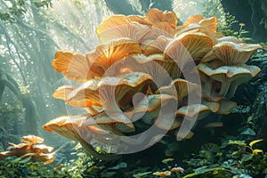 Enchanting Sunbeam Illumination on Majestic Forest Mushrooms in Mystical Woodland Scene