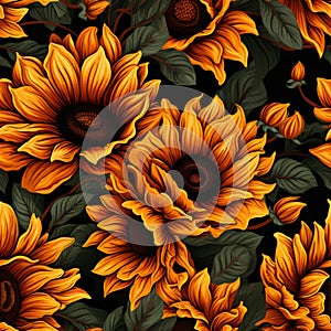 Enchanting sunflower pattern with vibrant colors and harmoniously balanced composition.