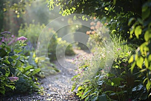 Enchanting Sunlit Garden Path with Lush Greenery and Blooming Flowers