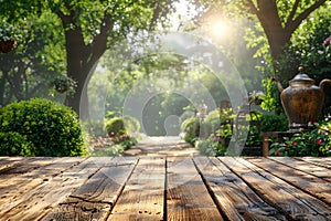 Enchanting Sunlit Garden Path with Lush Greenery and Vintage Terracotta Pots