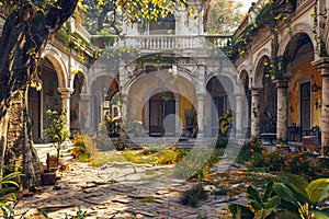 Enchanting Sunlit Overgrown Courtyard with Historic Romanesque Architecture, Nature Reclaiming Space, Serene Abandoned Estate photo
