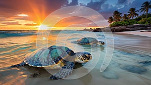 Enchanting Sunset Nesting: Sea Turtles in Pristine Paradise