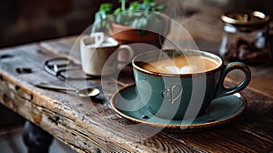 Enchanting traditional coffee cup with heart shaped steam rising elegantly on rustic wooden surface