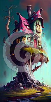 Enchanting Treehouse: A Colorful and Magical Illustration