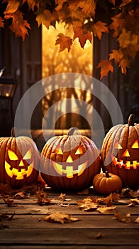 Enchanting Trio: Glowing Jack-o-Lanterns on Autumn Porch