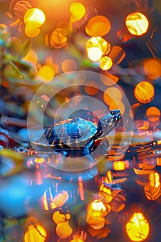 Enchanting Turtle in Water with Radiant Bokeh Lighting Effect A Magical Wildlife Portrait Capturing Serenity and Natural Beauty