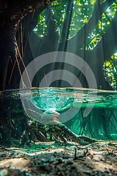 Enchanting Underwater Forest Landscape with Sunbeams Penetrating Clear Freshwater and Lush Greenery