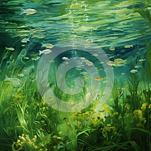 Enchanting underwater scene with small fish and eelgrass