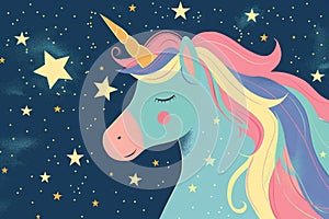 Enchanting unicorn gazing at night sky with beautiful blue, pink, and yellow stars