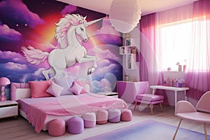 Enchanting Unicorn kids room pink. Generate Ai
