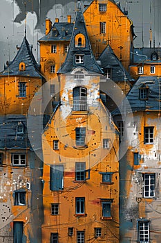 Enchanting Urban Tapestry: Weathered Multi-Story Buildings with Yellow and Grey Facades