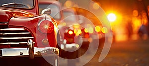 Enchanting vintage car headlights with mesmerizing blurred bokeh effect of vibrant sunset backdrop