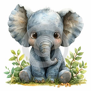 Enchanting watercolor baby elephant sitting serenely. Generative AI