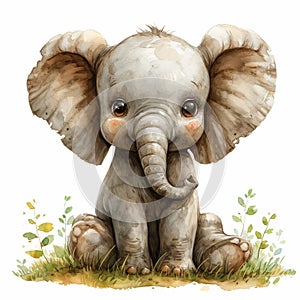 Enchanting watercolor baby elephant sitting serenely. Generative AI