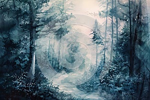 Enchanting watercolor landscape of a misty forest with towering trees