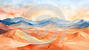 Enchanting Watercolor Landscape of Sweeping Desert Dunes and Distant Mountain Silhouettes under a Warm Desert Sky photo