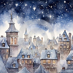 Enchanting Watercolor Snowy Rooftops with Chimneys and Twinkling Christmas Stars AI Generated