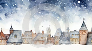 Enchanting Watercolor Snowy Rooftops with Chimneys and Twinkling Christmas Stars AI Generated