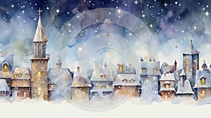 Enchanting Watercolor Snowy Rooftops with Chimneys and Twinkling Christmas Stars AI Generated